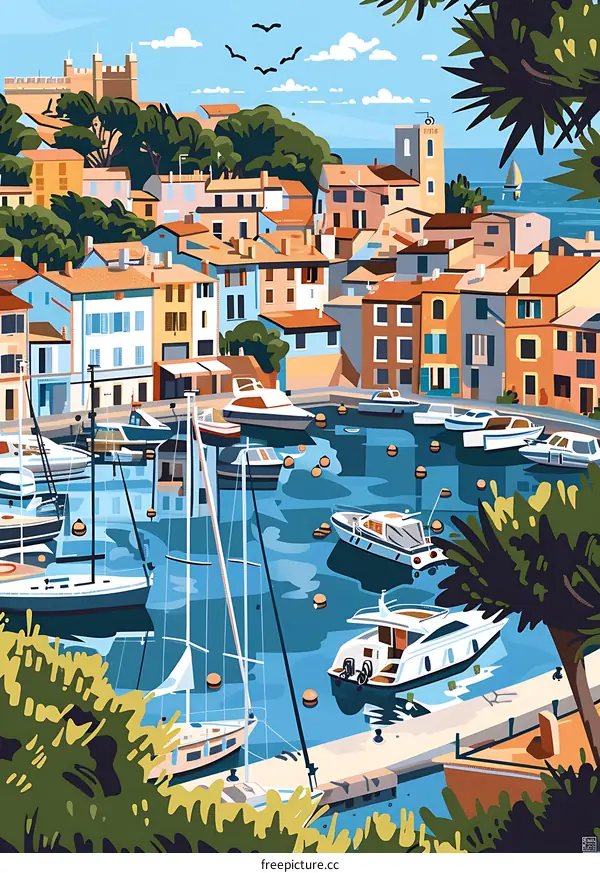 Summertime in the Harbor with Colorful Buildings and Boats