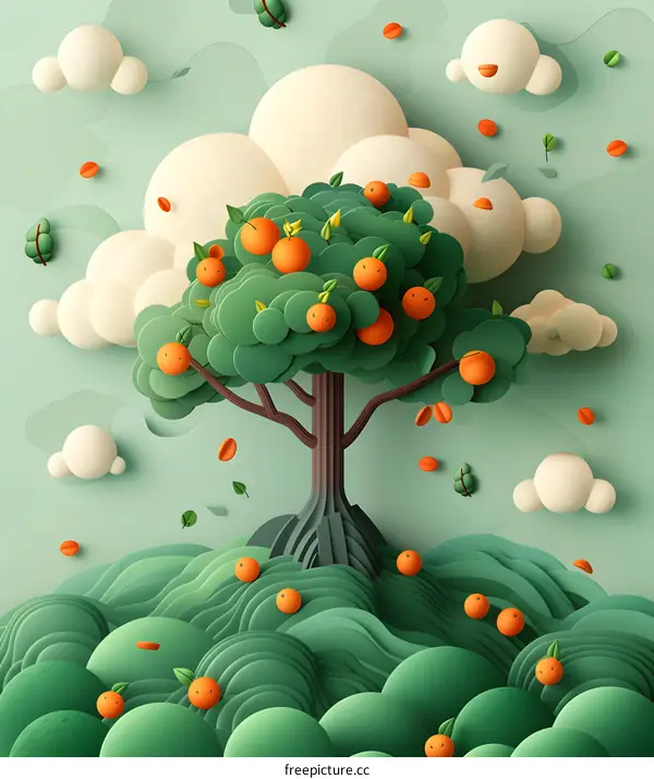 Surreal illustration of an orange tree with a few clouds and leaves falling