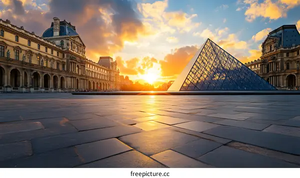 The Louvre Museum And Pyramid At Sunset In Paris