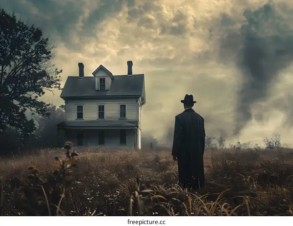 Man in a field looking at a house