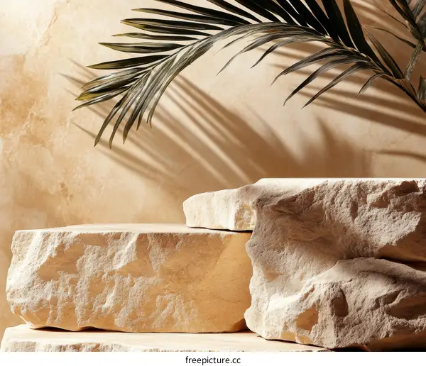 Beige Stone Product Display with Palm Leaf Shadow