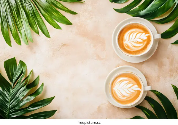 Two Cups of Latte Art with Green Leaves on a Beige Background