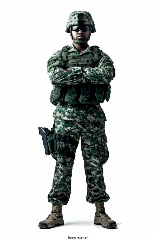 A soldier in green camouflage uniform with a helmet and a gun