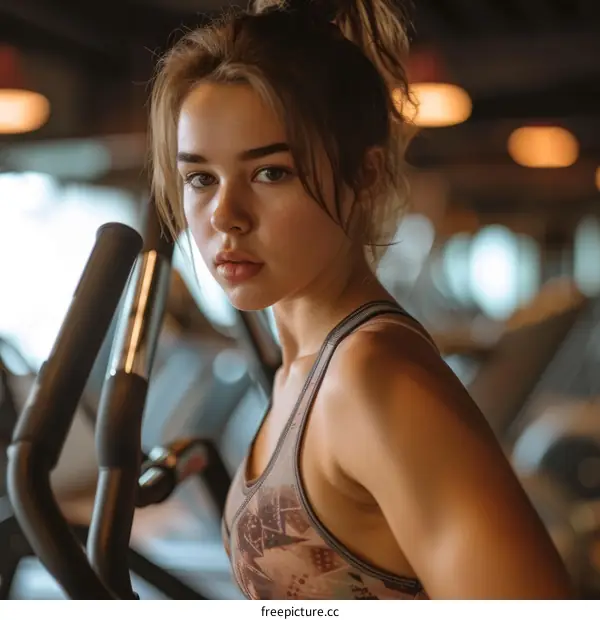 Portrait of a young woman exercising on a treadmill in a gym