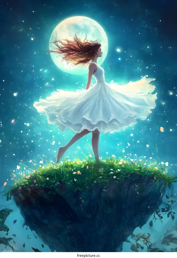 Woman in White Dress Standing on a Floating Island with Full Moon and Stars in the Background