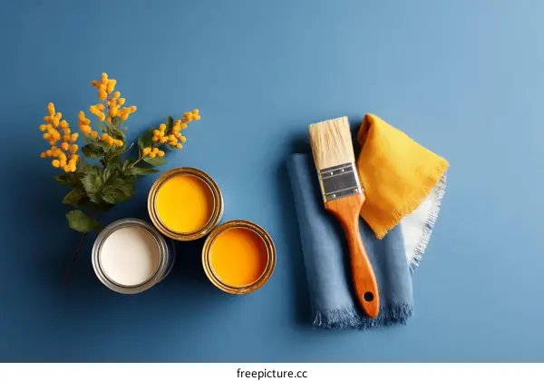 Paint Cans and Supplies on a Blue Surface