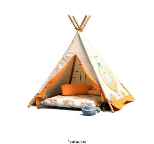 [Transparent Background PNG]Children Play Tent White Orange With Pillow And Decoration