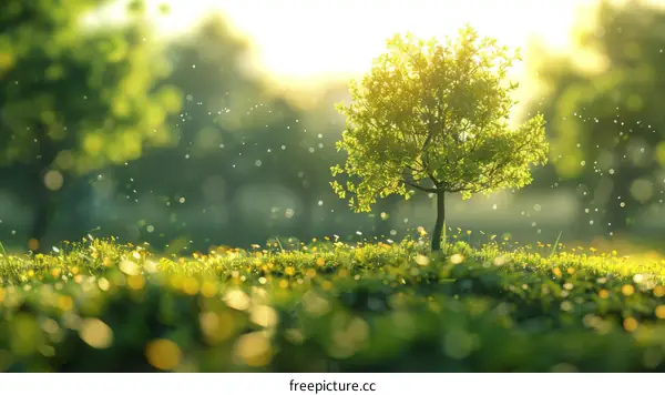 Small Tree with Green Leaves in a Sunny Field
