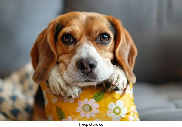 A Beagle dog resting its head on a pillow