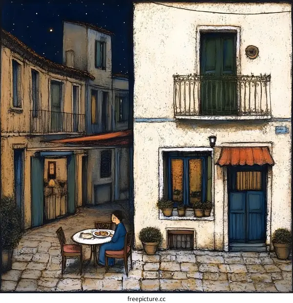 Nighttime in the City, Woman Sitting at a Table Outside a Building
