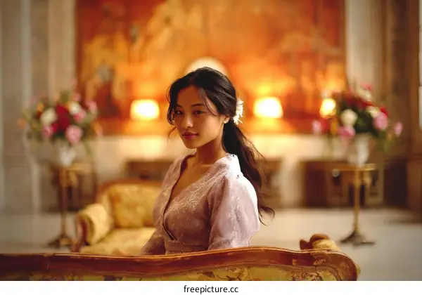 Asian Woman in Vintage Interior Setting