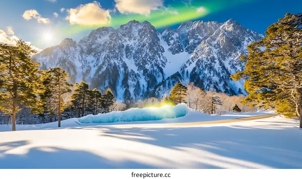 Snowy Mountain Landscape with Ice Wall and Road