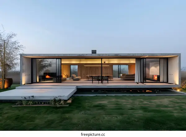 Modern Concrete House with Large Windows and Patio