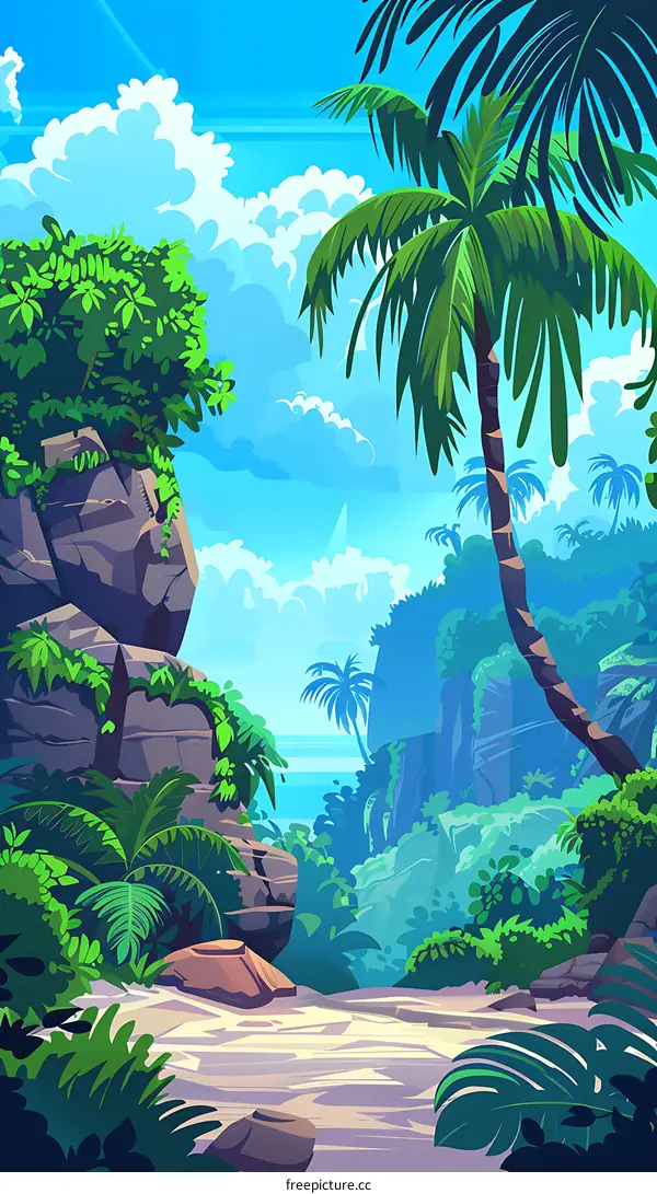 Tropical Island Jungle Landscape Illustration