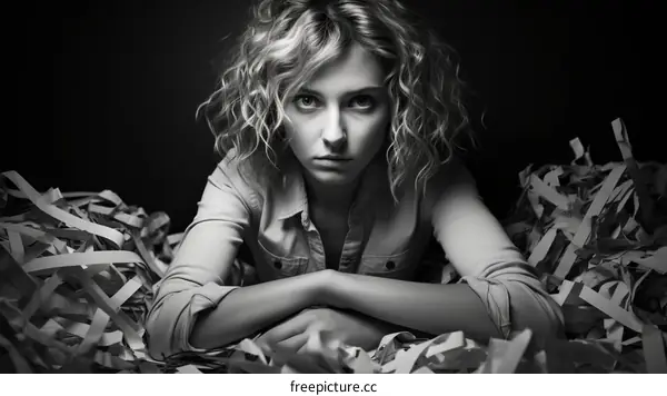 Portrait of a young woman sitting in a pile of shredded paper