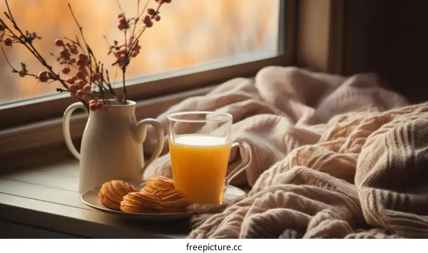 Cozy autumn still life with orange juice and pastries