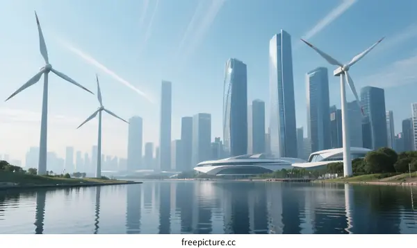 Modern Cityscape with Wind Turbines and Water Reflection