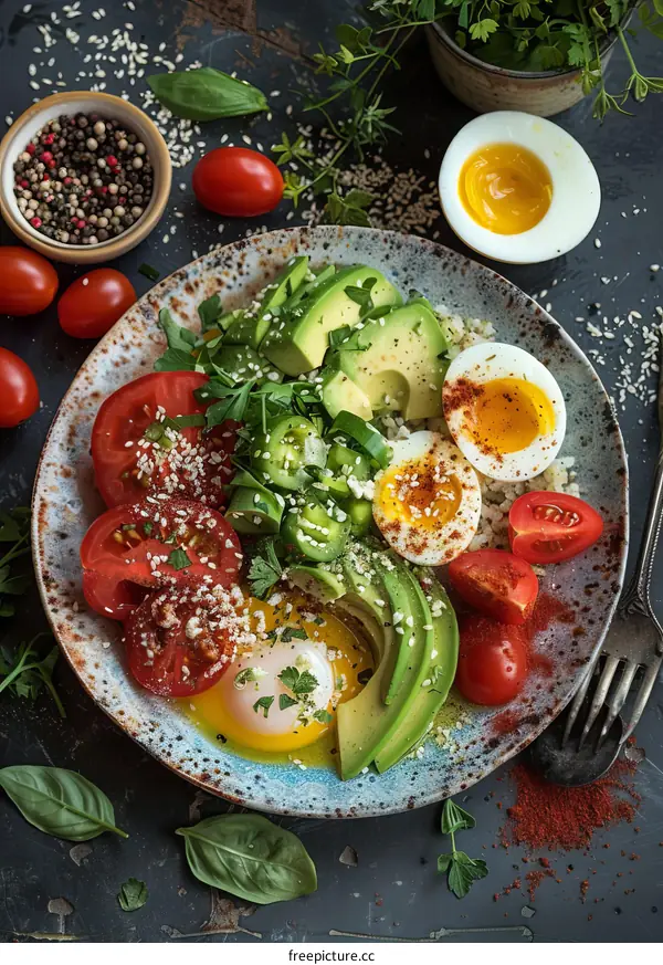 Healthy avocado and tomato salad with boiled egg