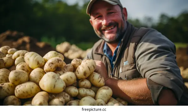A smiling farmer proudly poses with his bountiful harvest of potatoes.