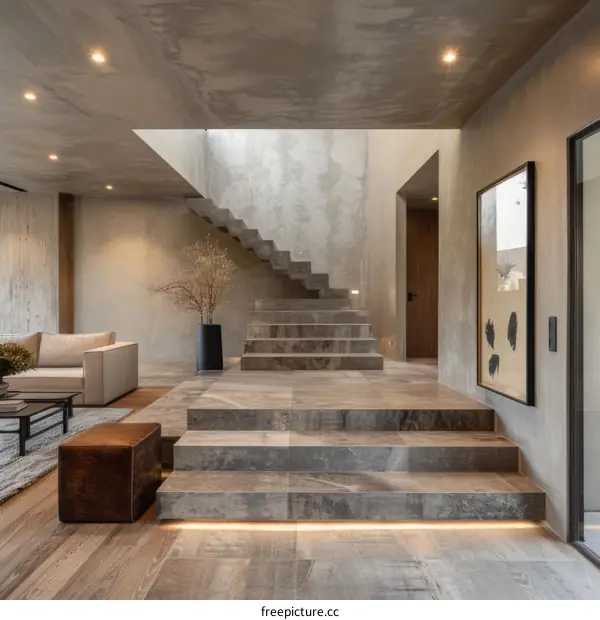 Modern Minimalist Living Room with Concrete Staircase