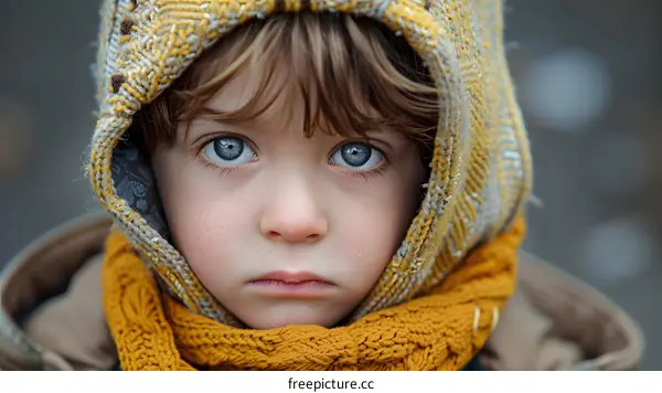 portrait of a sad looking child wearing a yellow knitted hat and scarf