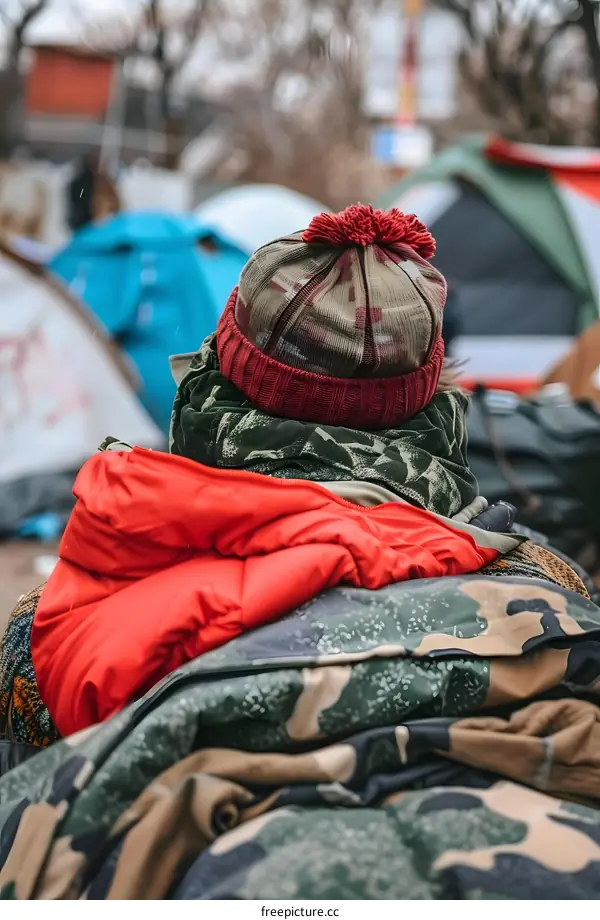 Person Wearing a Red and Green Winter Hat  in a Campsite