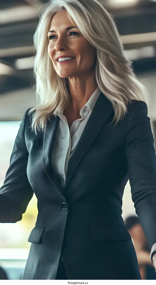 Confident Businesswoman in Suit Smiling in Office