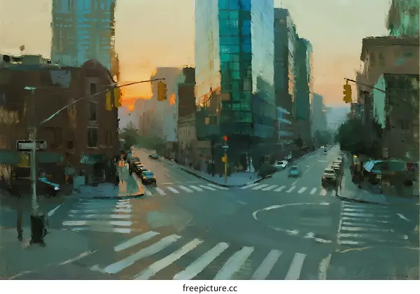 Urban Street Scene at Sunset with Traffic Lights and Crosswalk