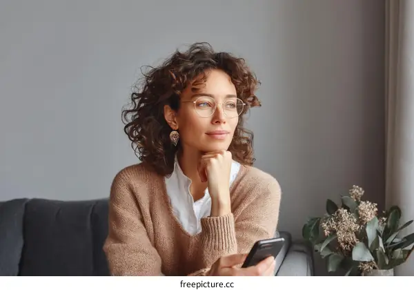 Thoughtful Woman with Curly Hair