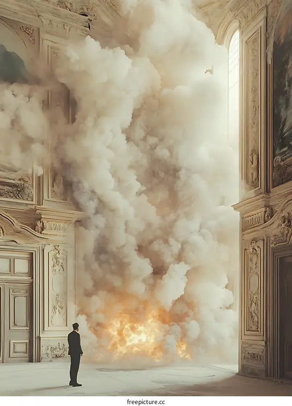 Man Standing in a Room Filled With Smoke and Fire