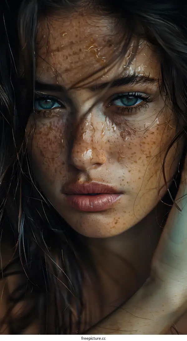 Close-up portrait of a beautiful young woman with freckles on her face