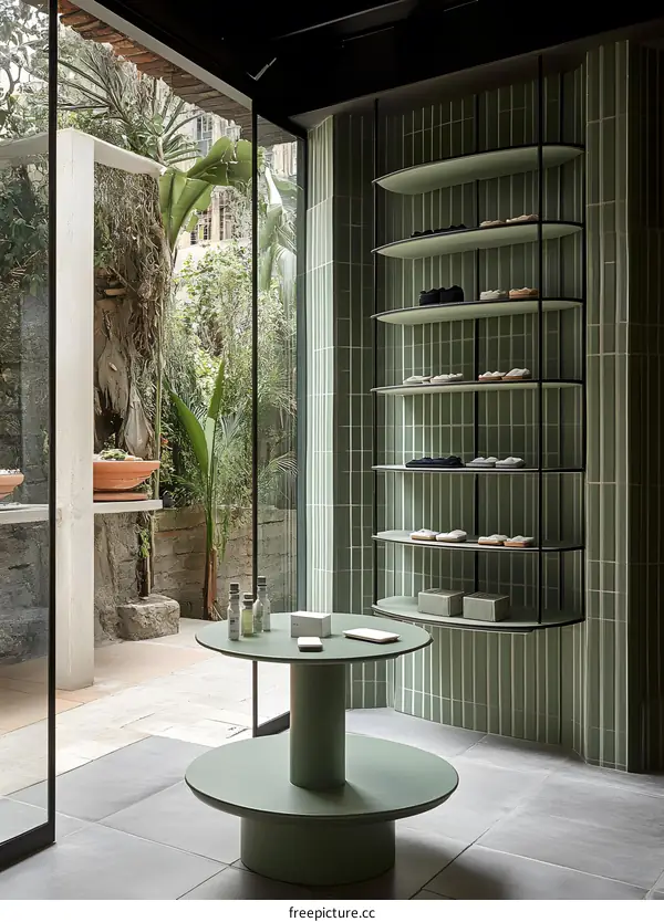 Green Tile Wall Interior with Curved Shelving and Glass Doors