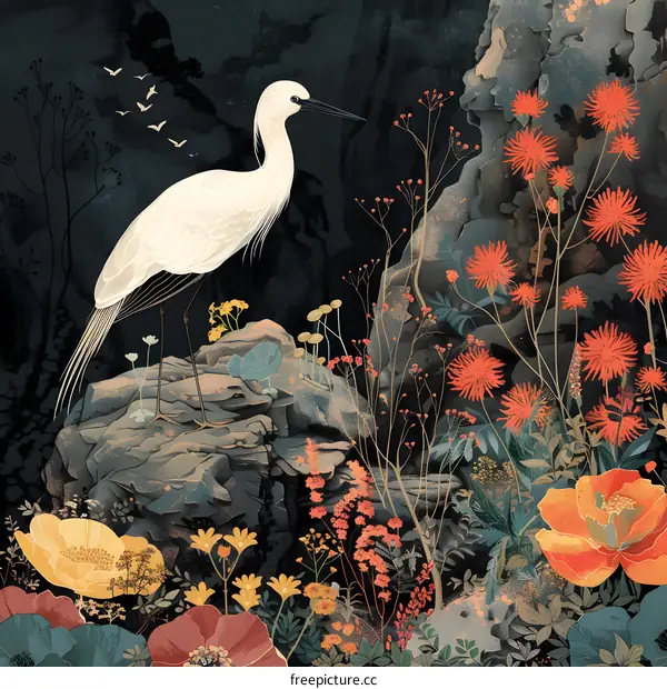 A white heron stands on a rock in a field of red and yellow flowers with a dark background with white dots.