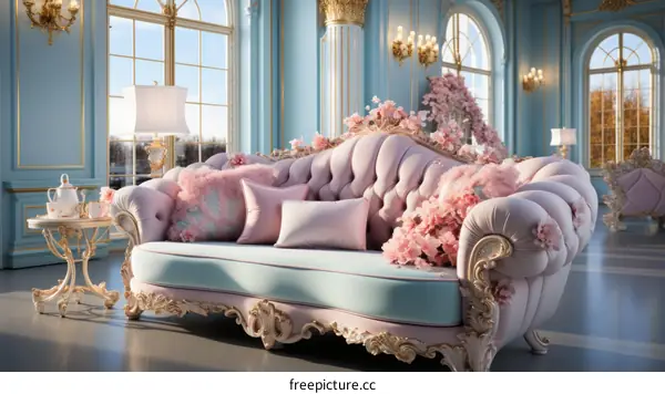 Ornate Pink and Blue Rococo-Style Settee