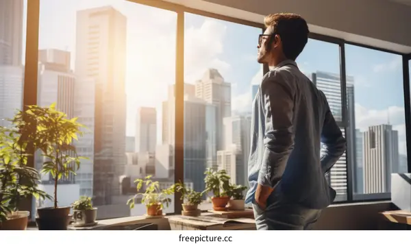 A man looking out the window at the cityscape