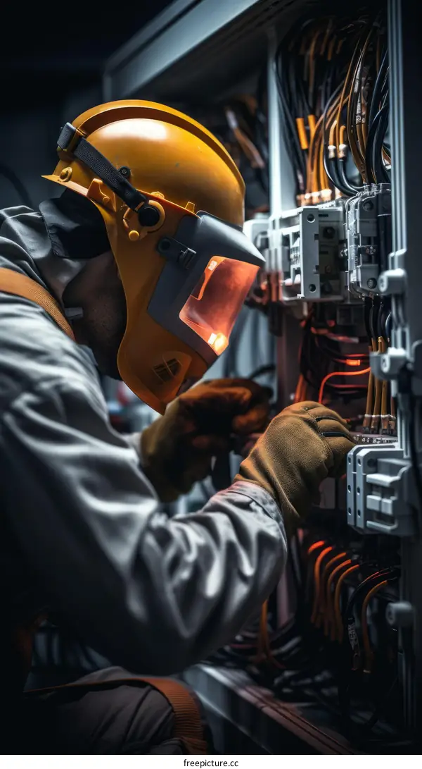 An electrician in protective gear works on an electrical panel