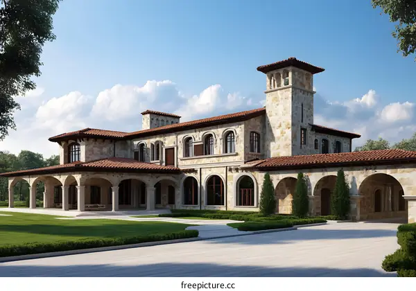 Luxury Stone Villa with Arched Entryway and Lush Greenery