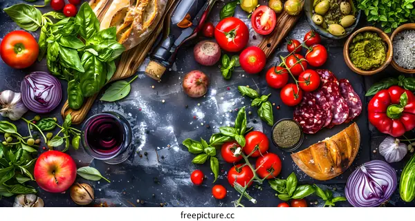 Top view of fresh organic vegetables, fruits and wine on black slate background