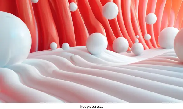 Abstract 3D Render of a Bumpy Terrain with Red and White Spheres