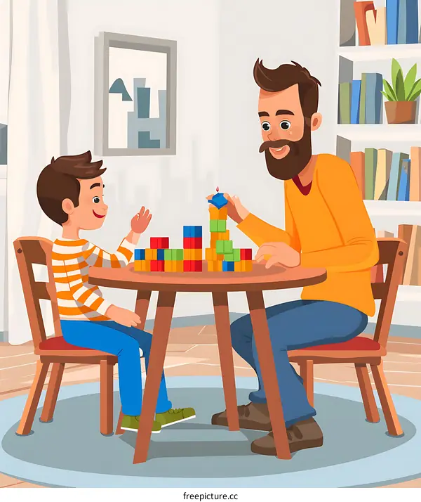 Father and Son Playing Blocks Together in Living Room