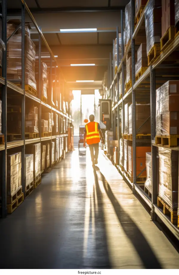 Warehouse worker walking down aisle past shelves