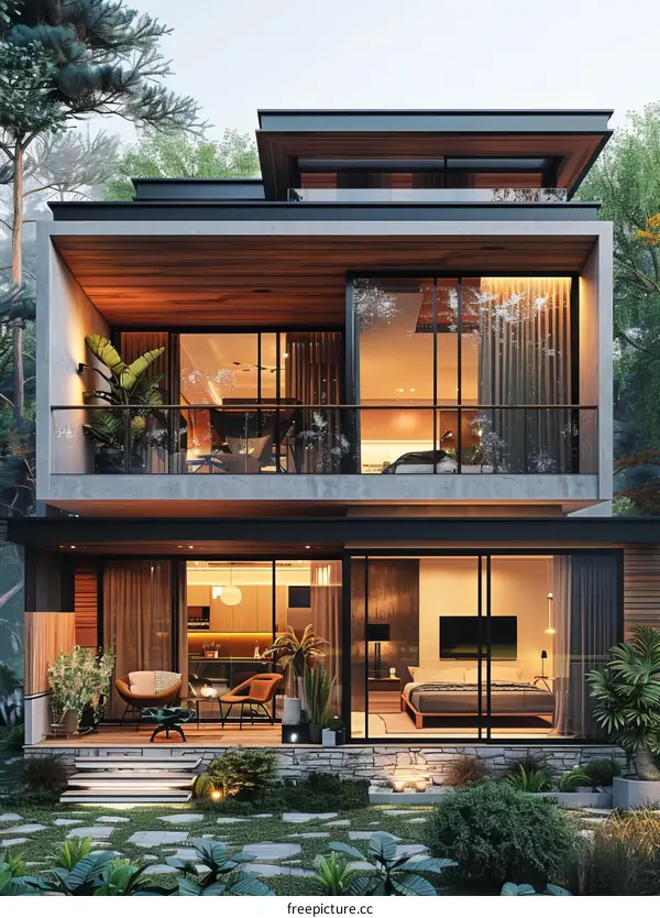 Modern Two-Story House with Panoramic Windows and a Terrace with Garden