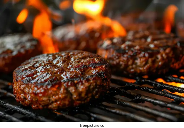 Beef patties are grilled on a flaming barbecue