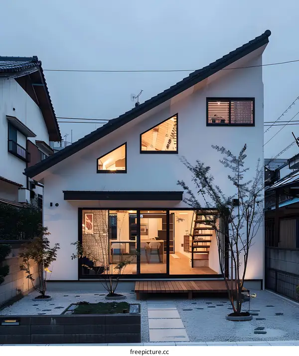 Modern Minimalist House Exterior with Triangular Windows and Wooden Deck