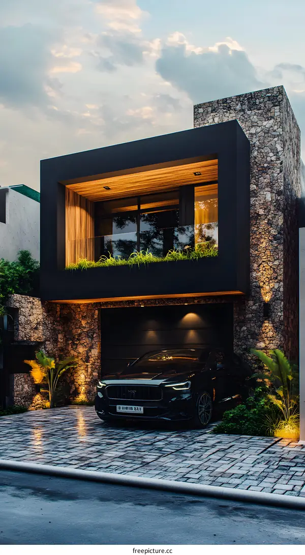 Modern House Design With Stone Facade And Garage