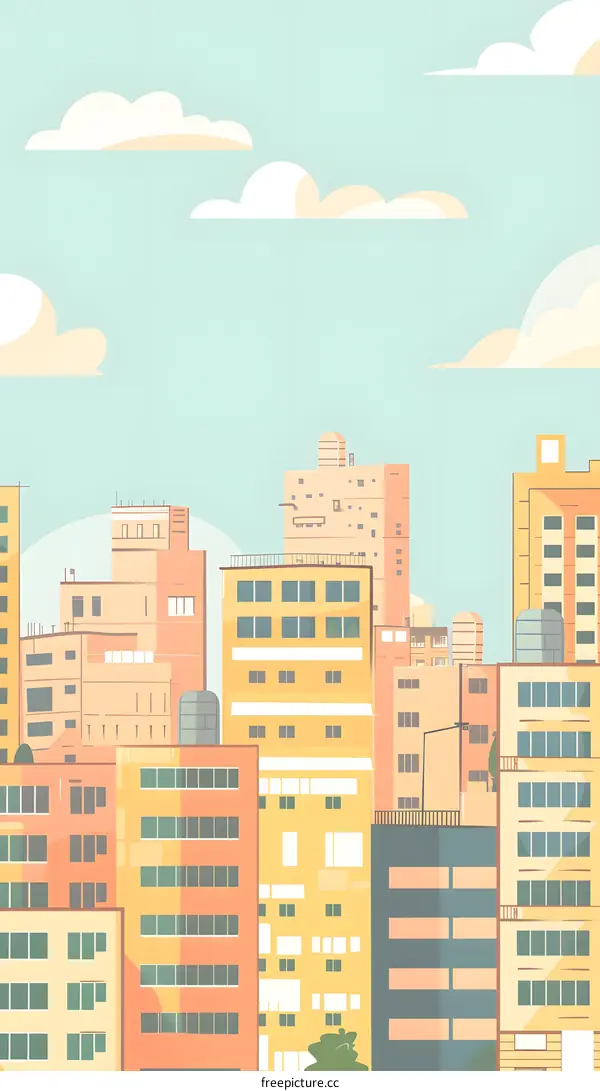 Cartoon Illustration Of Building Skyline In Sunny Day