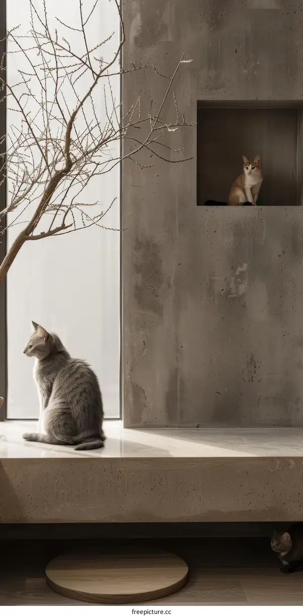 Two Cats on a Ledge in Front of Frosted Glass Window