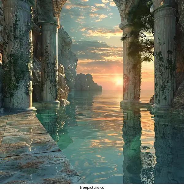 Sunset Overgrown Ruins in a Fantasy Landscape