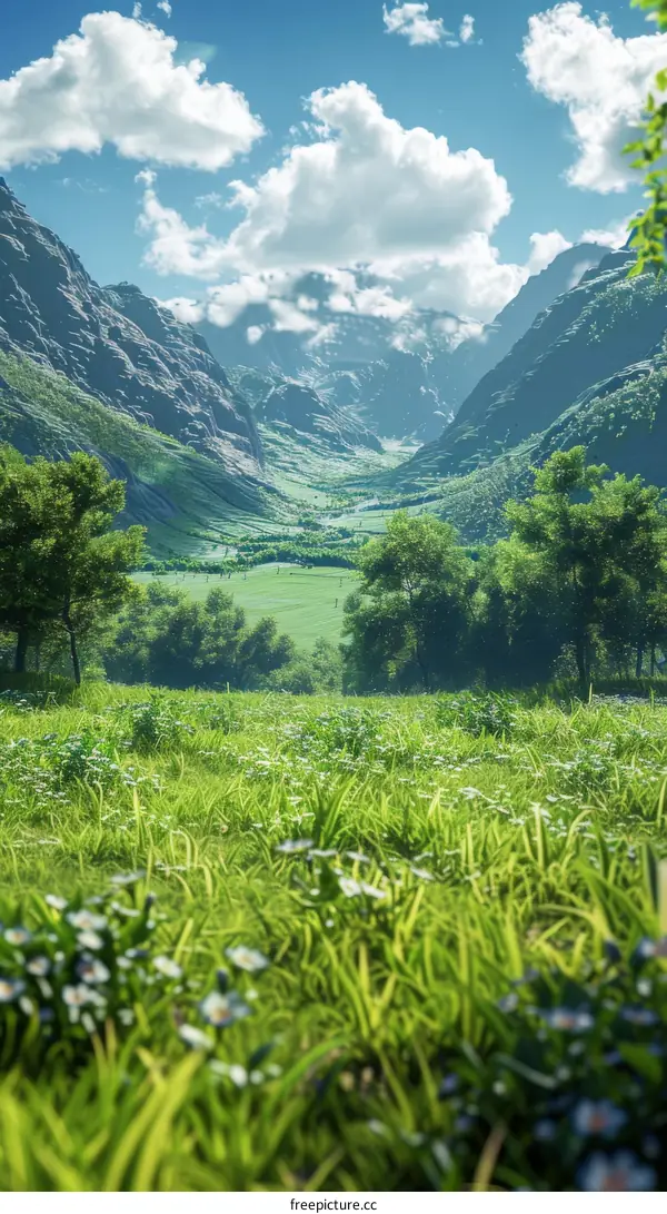 Fantasy Landscape with Rolling Green Hills and Distant Mountains