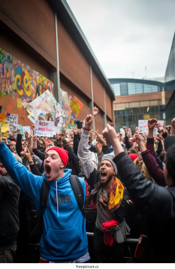 A group of people are protesting outside of a building.
